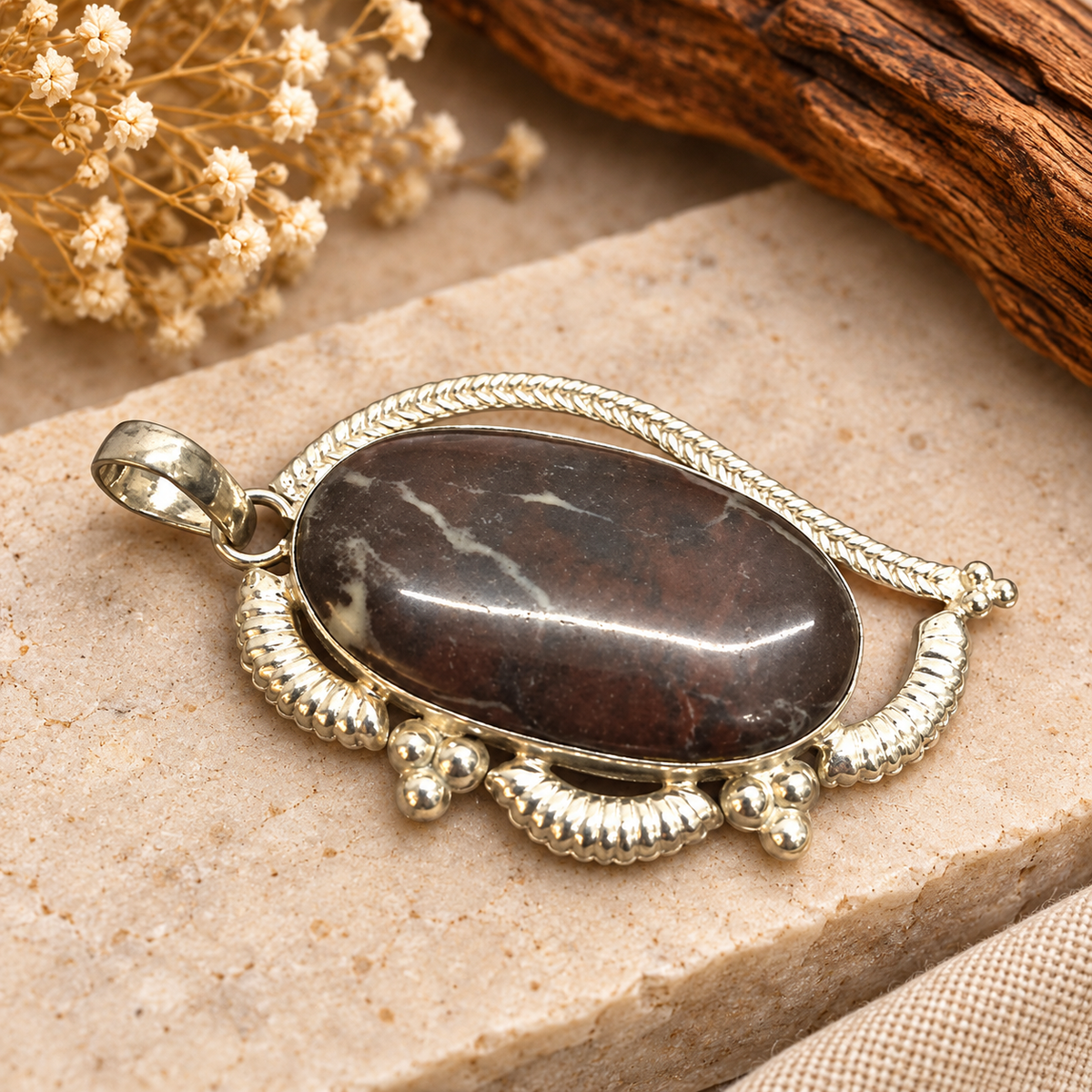 Coconut Jasper Oval Pendant Oxidized Silver Jewelry PEN571-SLV-NCCJR01