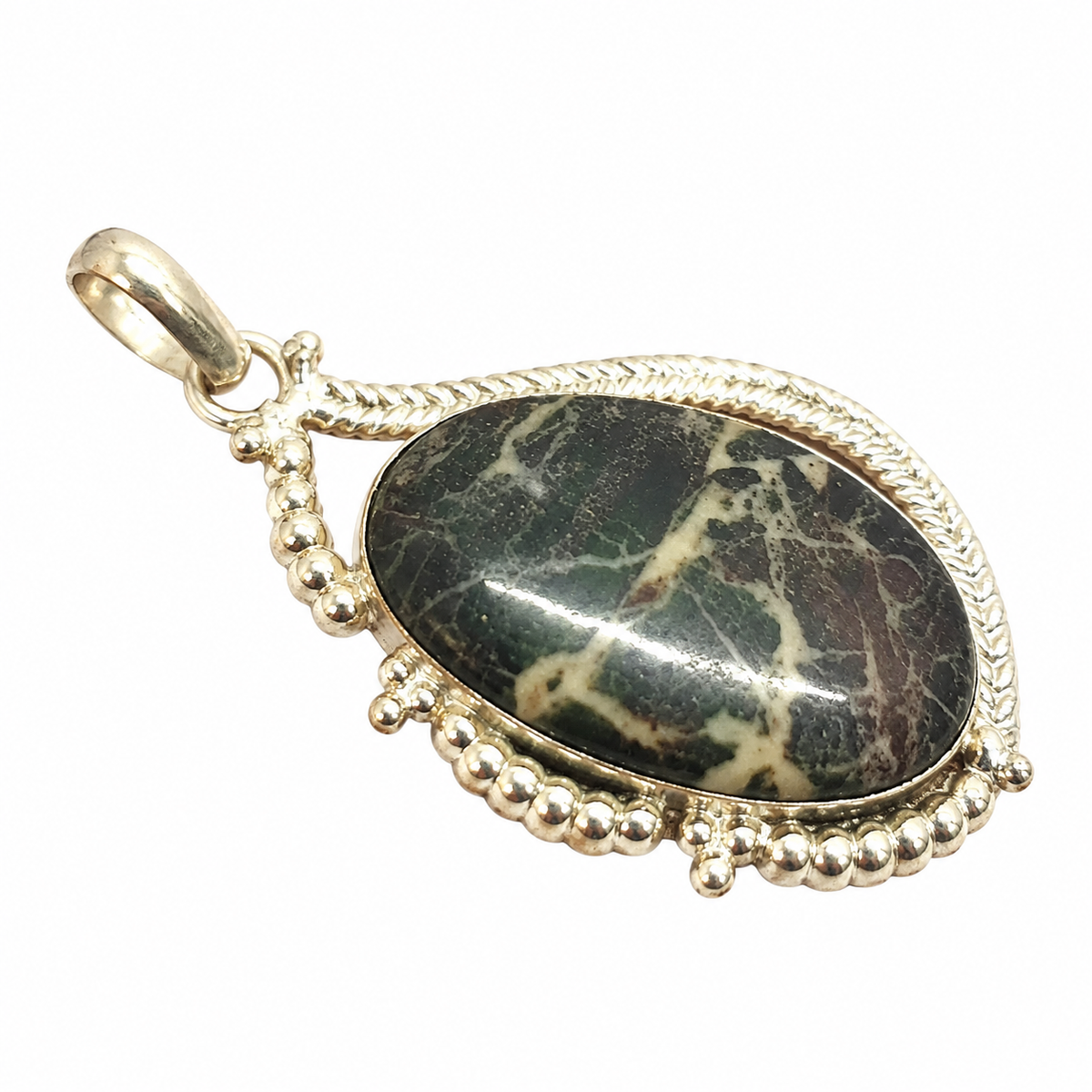Coconut Jasper Green Oval Pendant Gold Tone Boho Jewelry PEN572-SLV-NCCJR01