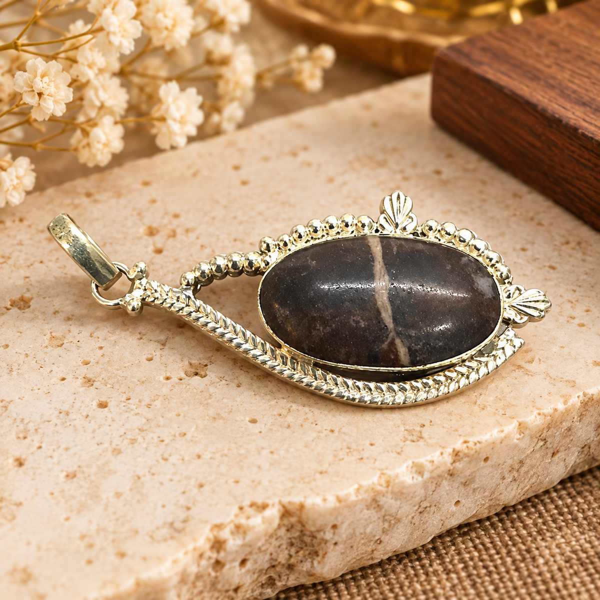 Coconut Jasper Oval Pendant Gold Plated Boho Statement Jewelry PEN574-SLV-NCCJR01