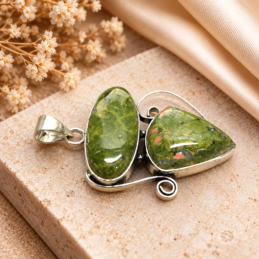 Unakite Jasper Gemstone Pendant Silver Boho Jewelry PEN576-SLV-NRUN02
