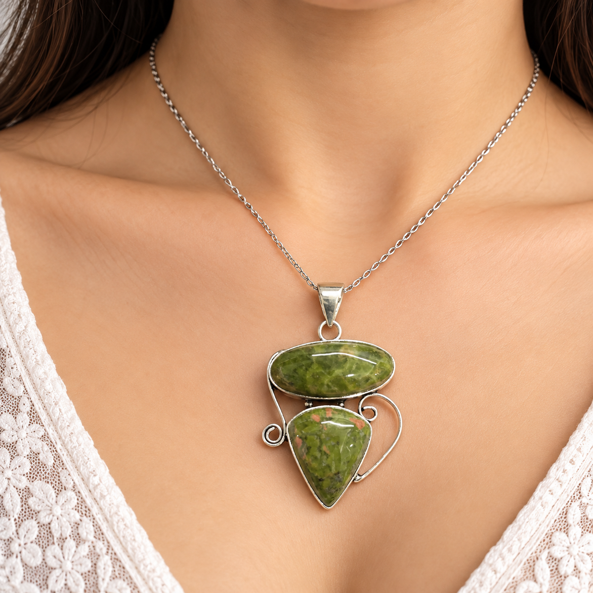 Unakite Jasper Gemstone Pendant Silver Boho Jewelry PEN576-SLV-NRUN02