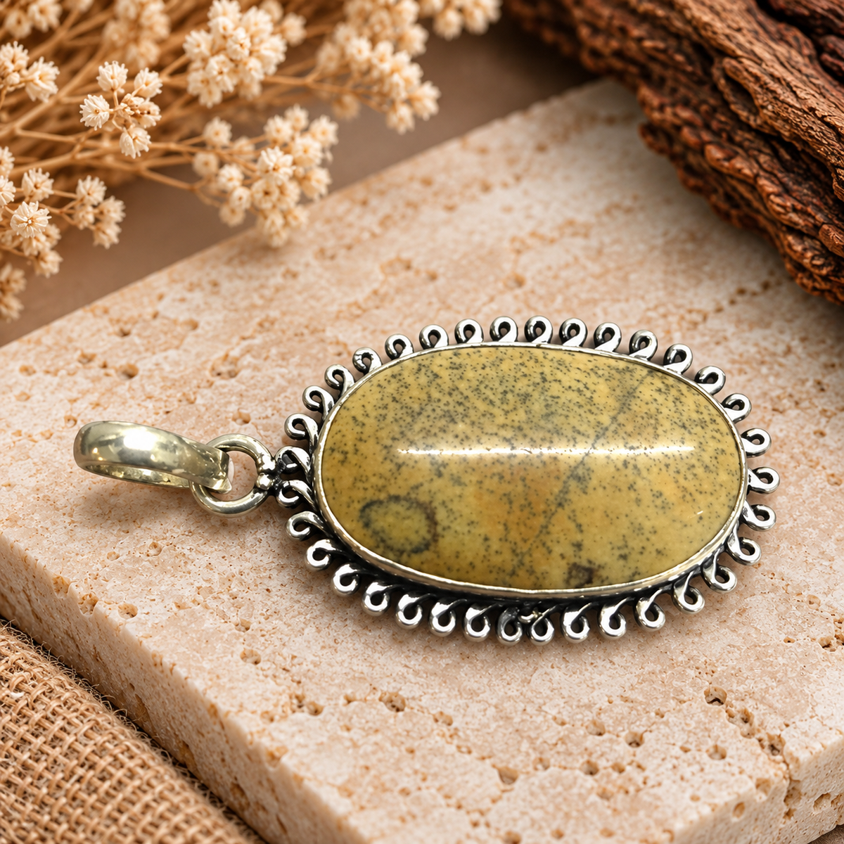 Yellow Jasper Oval Pendant Silver Tone Boho Statement Jewelry PEN578-SLV-NJR01