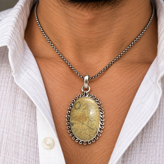 Yellow Jasper Oval Pendant Silver Tone Boho Statement Jewelry PEN578-SLV-NJR01