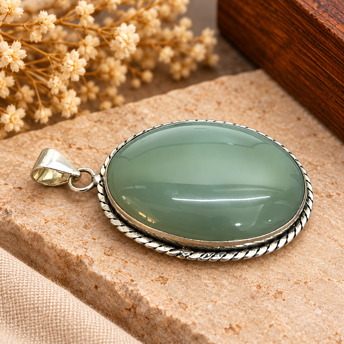 Aqua Chalcedony Silver Tone Oval Pendant Necklace PEN583-SLV-NAQCLY01