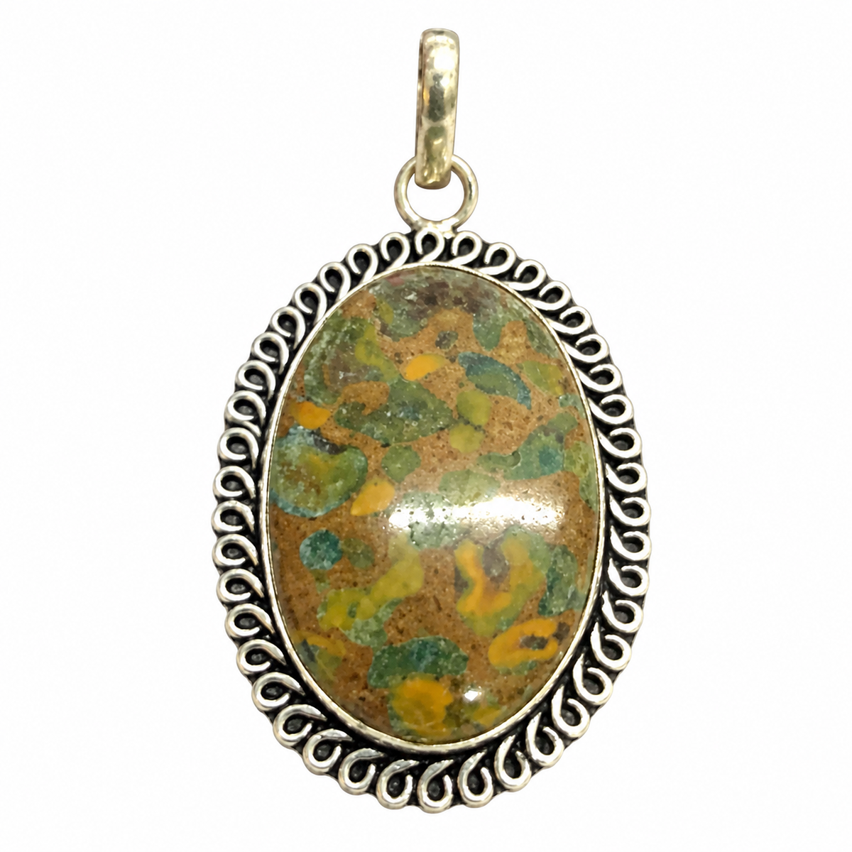 Fruit Jasper Oval Gemstone Pendant Antique Silver Tone PEN585-SLV-NFRJR01