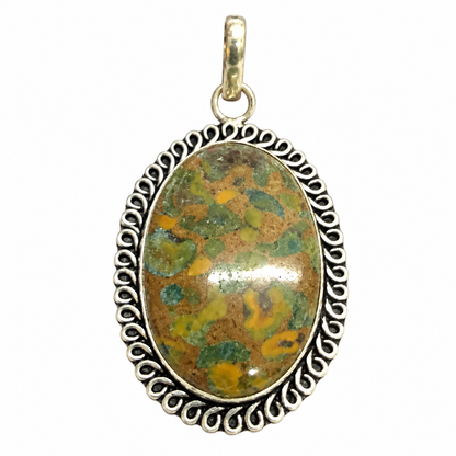 Fruit Jasper Oval Gemstone Pendant Antique Silver Tone PEN585-SLV-NFRJR01