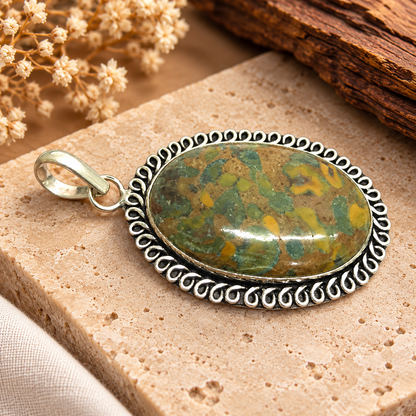 Fruit Jasper Oval Gemstone Pendant Antique Silver Tone PEN585-SLV-NFRJR01