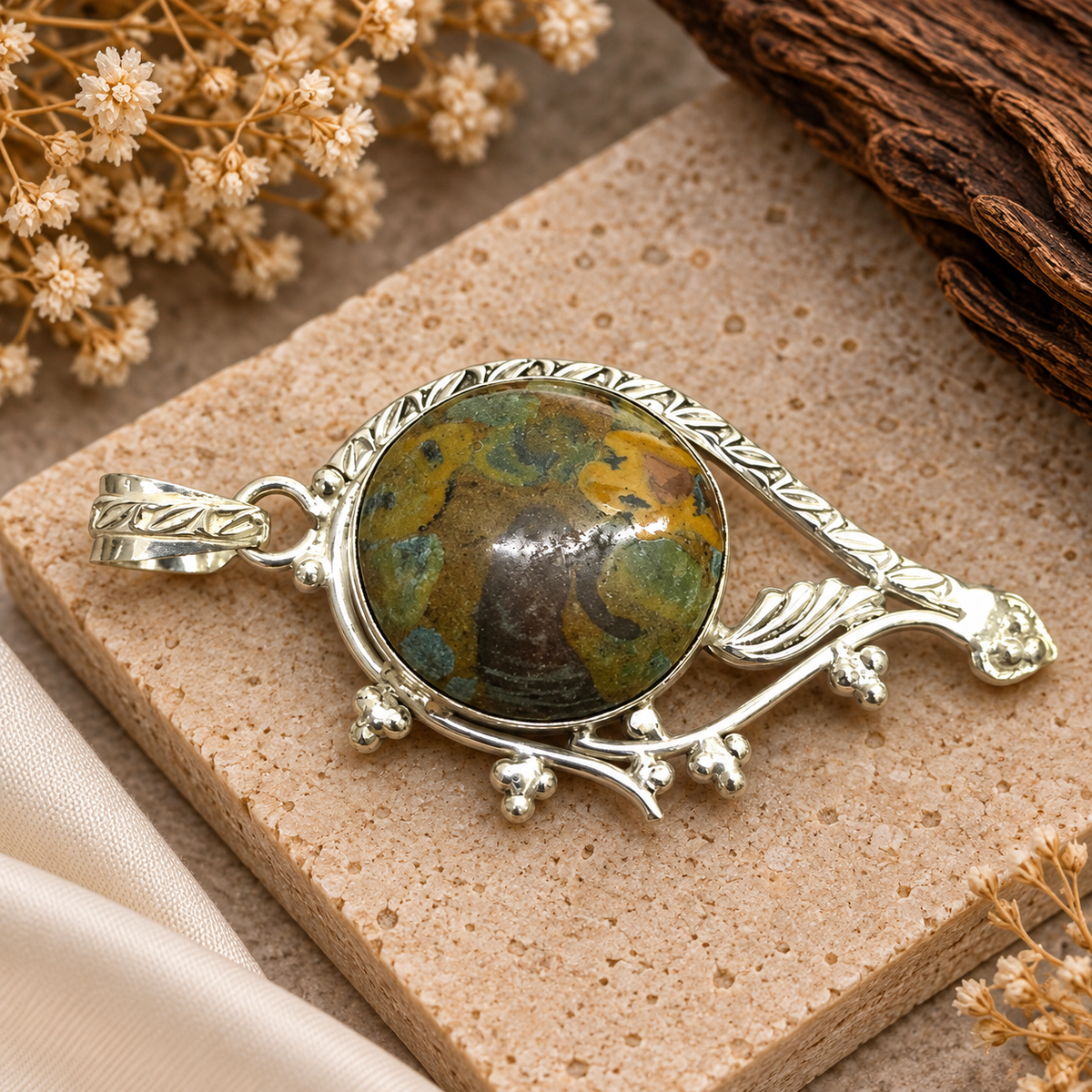 Fruit Jasper Pendant Necklace, Antique Silver Tone Jewelry PEN587-SLV-NFRJR01