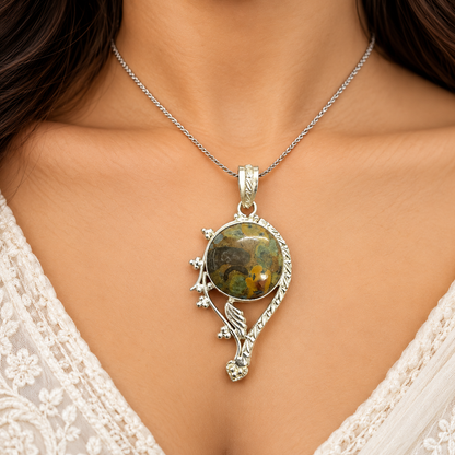 Fruit Jasper Pendant Necklace, Antique Silver Tone Jewelry PEN587-SLV-NFRJR01
