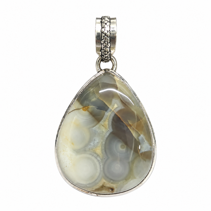 Natural Gray White Agate Pendant, Oval Gemstone Jewelry PEN588-SLV-NAG01