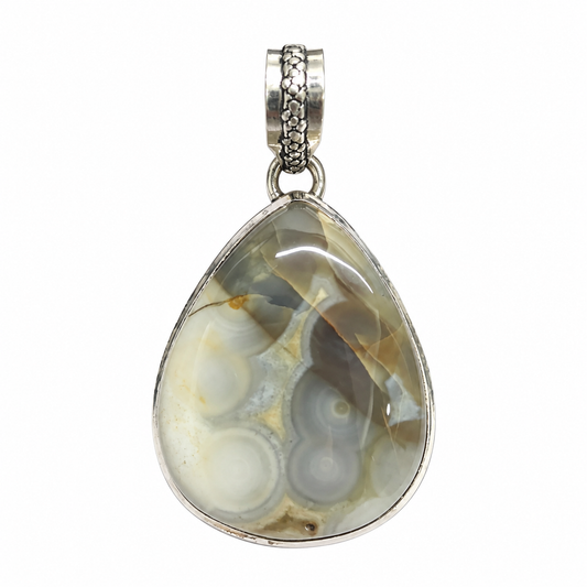 Natural Gray White Agate Pendant, Oval Gemstone Jewelry PEN588-SLV-NAG01