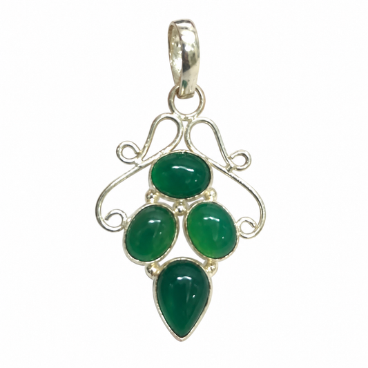 Green Onyx Pendant, Four Stone Silver Tone Statement Jewelry PEN594-SLV-NGO04
