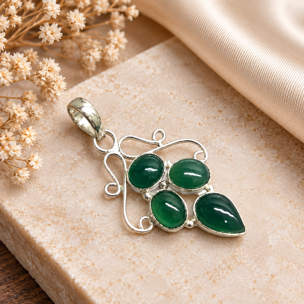 Green Onyx Pendant, Four Stone Silver Tone Statement Jewelry PEN594-SLV-NGO04