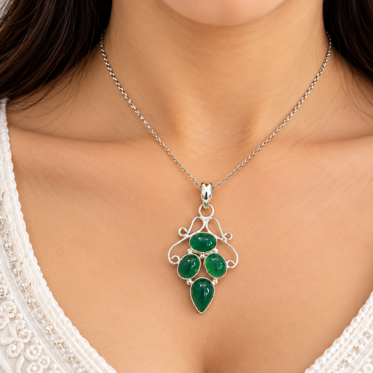 Green Onyx Pendant, Four Stone Silver Tone Statement Jewelry PEN594-SLV-NGO04