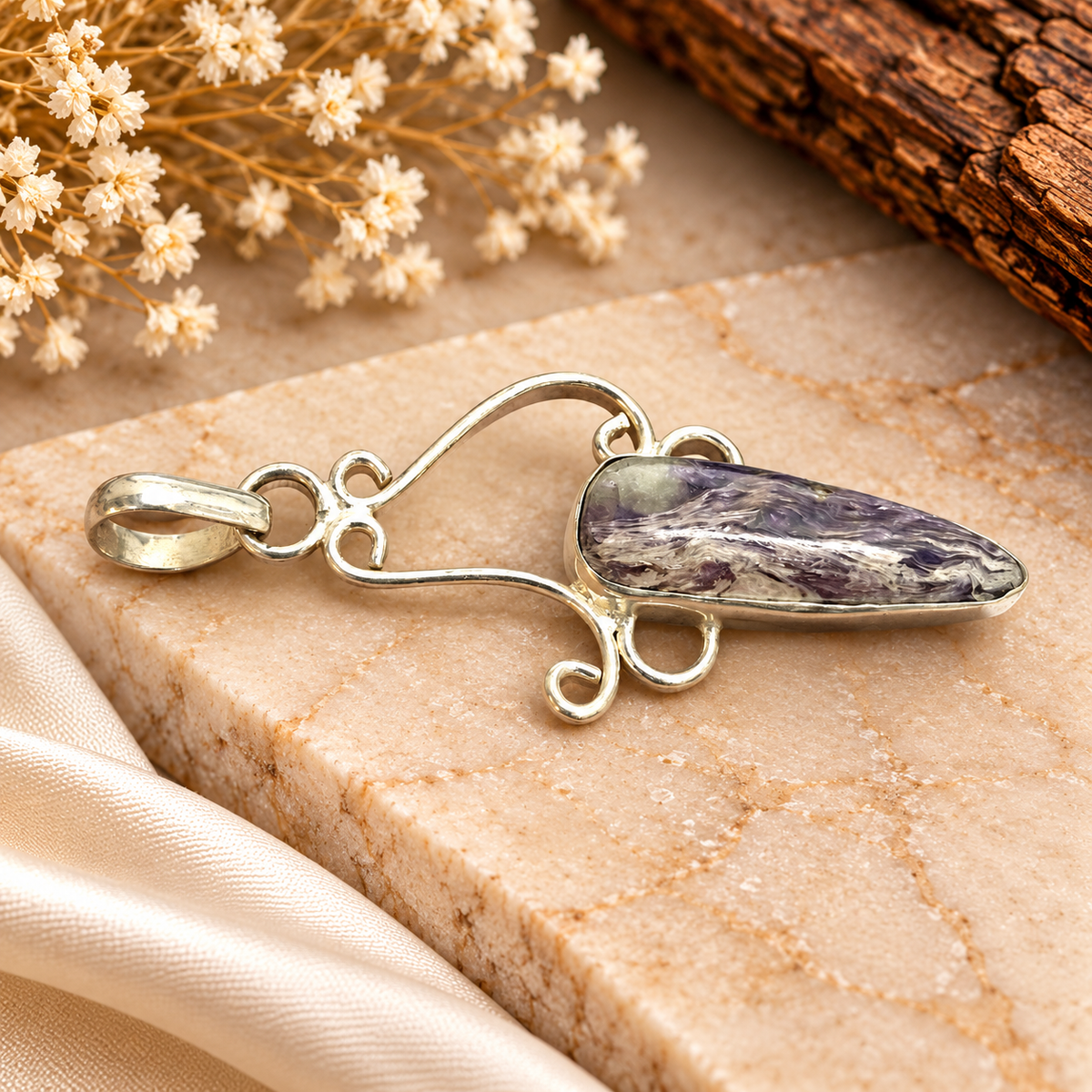 Charoite Pendant, Purple White Gemstone Silver Tone Jewelry PEN595-SLV-LCH01