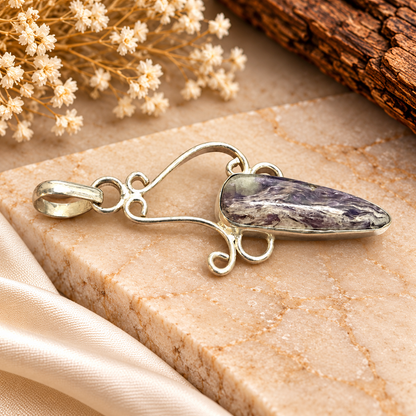 Charoite Pendant, Purple White Gemstone Silver Tone Jewelry PEN595-SLV-LCH01