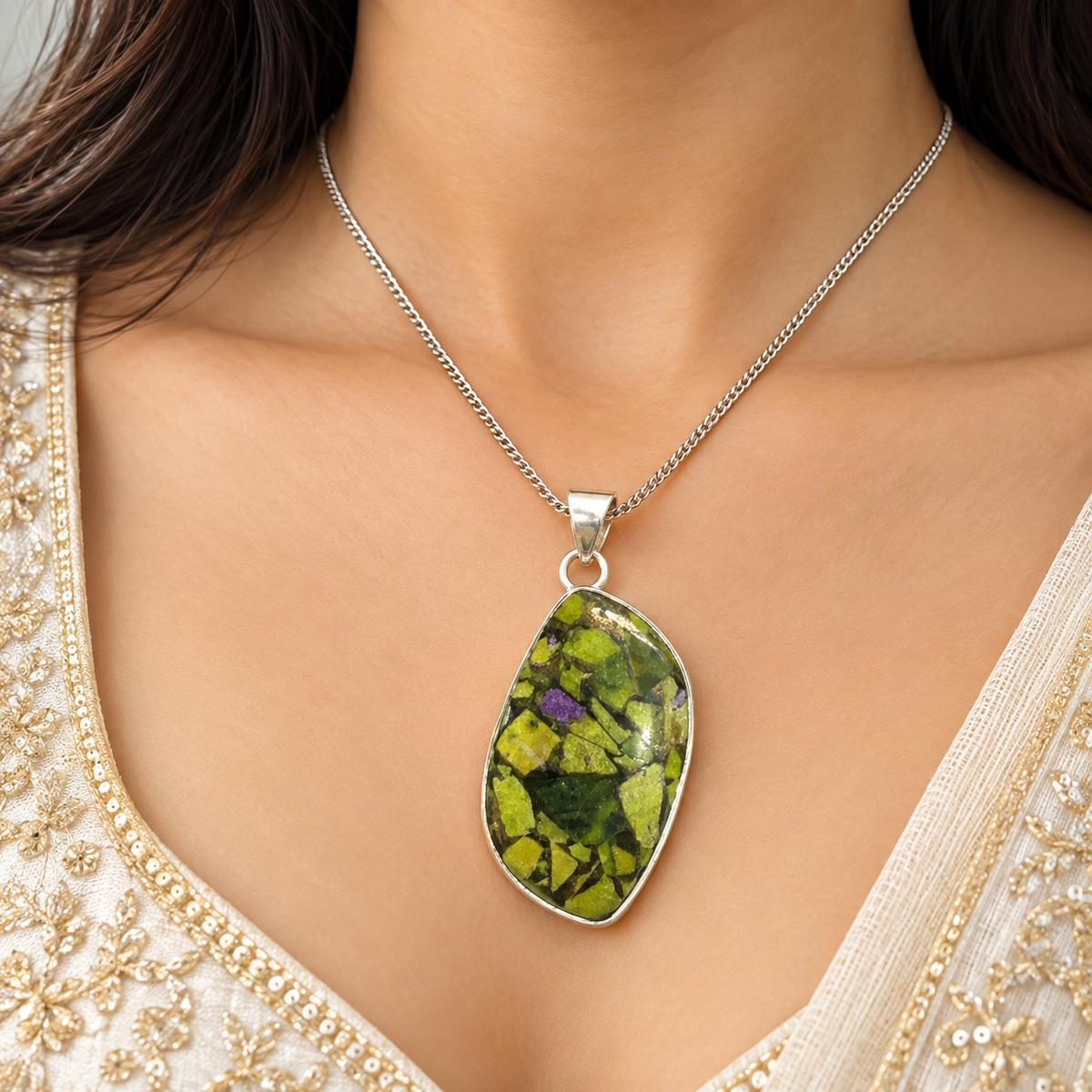 Green Turquoise Pendant, Oval Gemstone Silver Tone Jewelry PEN596-SLV-LGTQS01