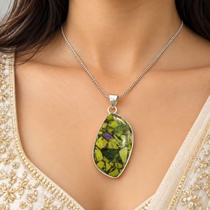 Green Turquoise Pendant, Oval Gemstone Silver Tone Jewelry PEN596-SLV-LGTQS01