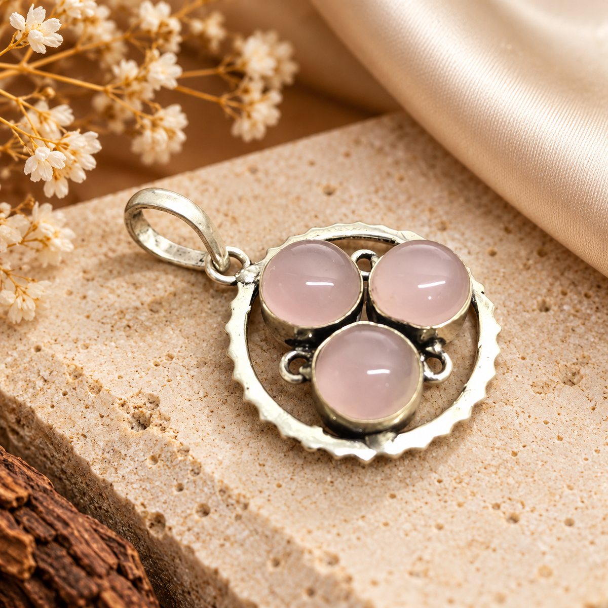 Rose Quartz Pendant, Pink Gemstone Silver Tone Jewelry PEN597-SLV-NRQ03