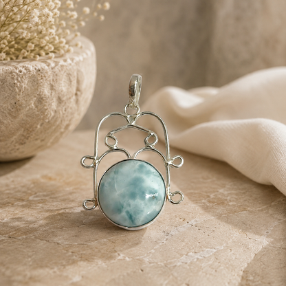 Natural Larimar Pendant Silver Tone Boho Statement Jewelry Gift for Her PEN60-SLV-NLR01