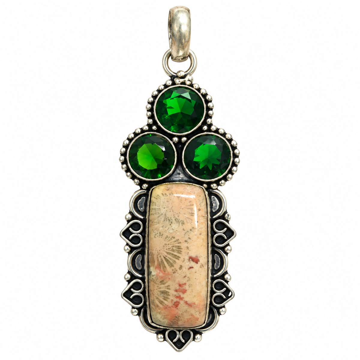 Green Crystal Pendant, Fossil  Coral Jasper Antique Silver Jewelry PEN601-SLV-LCD-NFC04