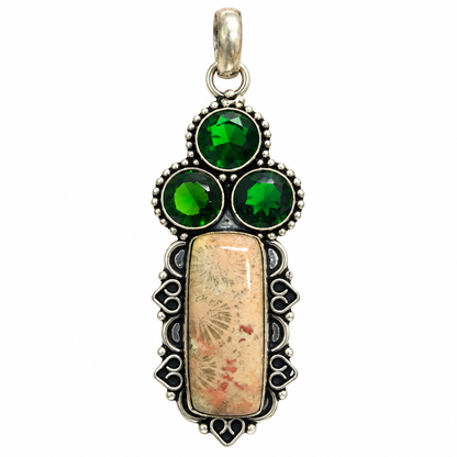 Green Crystal Pendant, Fossil  Coral Jasper Antique Silver Jewelry PEN601-SLV-LCD-NFC04