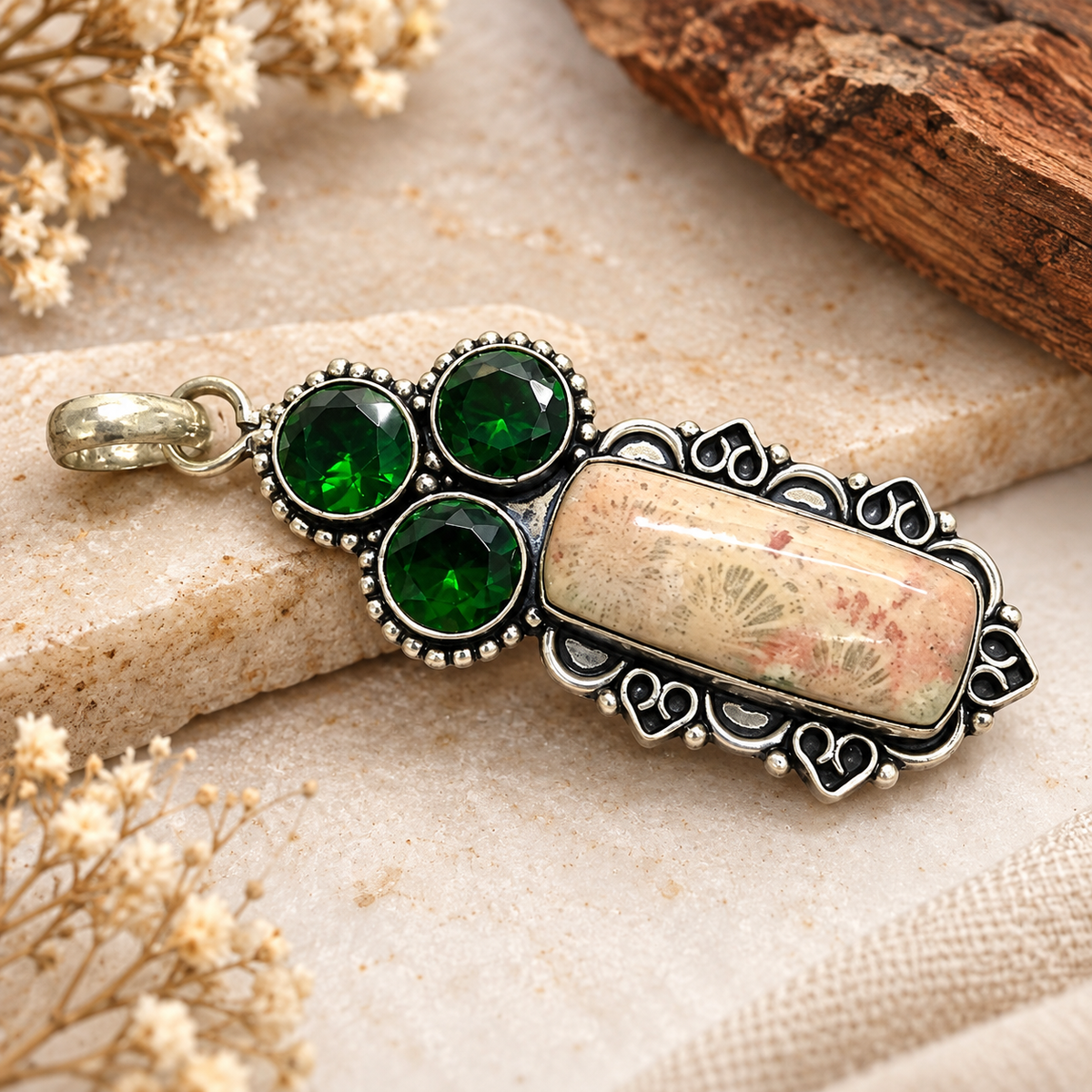 Green Crystal Pendant, Fossil  Coral Jasper Antique Silver Jewelry PEN601-SLV-LCD-NFC04
