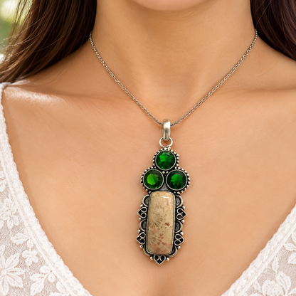Green Crystal Pendant, Fossil  Coral Jasper Antique Silver Jewelry PEN601-SLV-LCD-NFC04