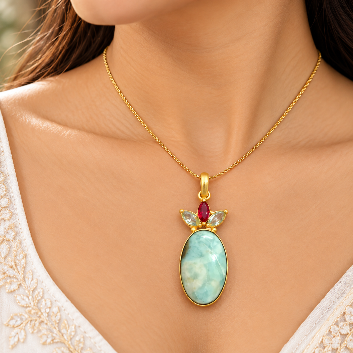 Larimar Pendant, Aqua Blue Gemstone Gold Tone Jewelry PEN602-GLD-LMUL-NLAR04