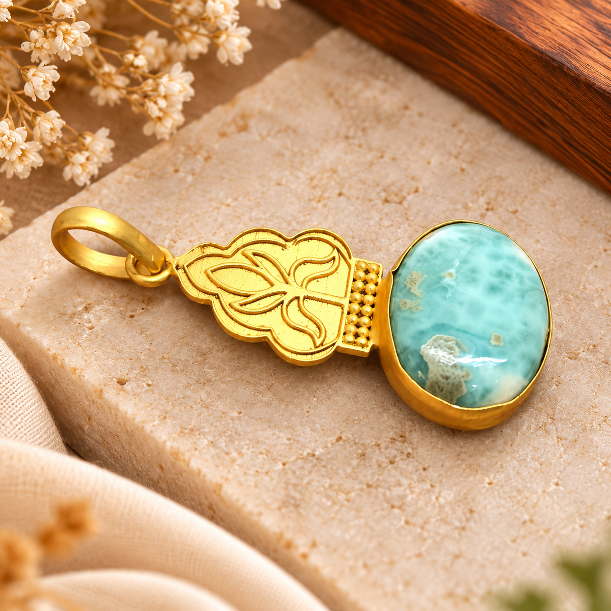 Larimar Pendant, Aqua Blue Gemstone Gold Tone Jewelry PEN603-GLD-NLAR01