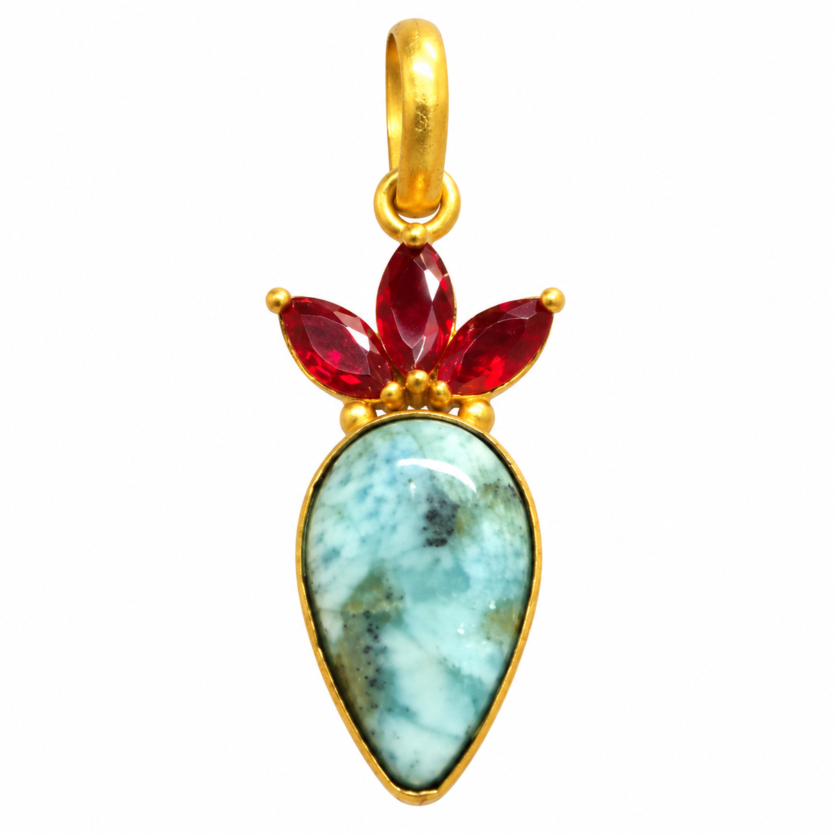 Larimar Pendant, Aqua Blue Gemstone Gold Tone Red Crystal PEN604-GLD-LQUA-NLAR04
