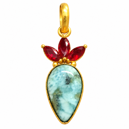 Larimar Pendant, Aqua Blue Gemstone Gold Tone Red Crystal PEN604-GLD-LQUA-NLAR04