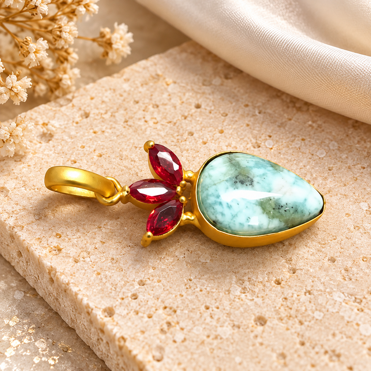 Larimar Pendant, Aqua Blue Gemstone Gold Tone Red Crystal PEN604-GLD-LQUA-NLAR04