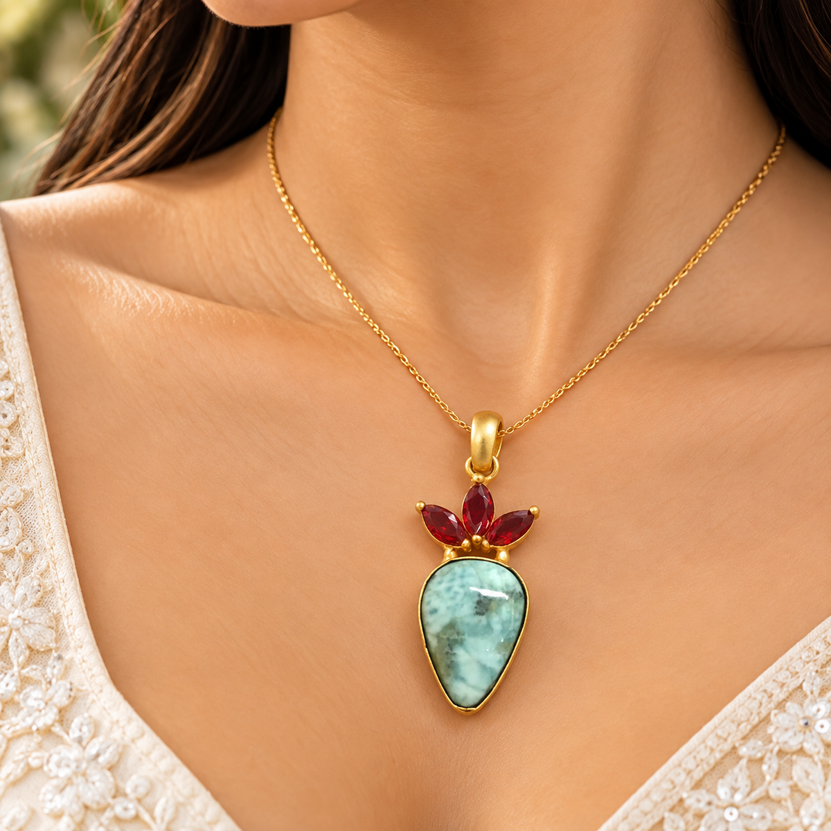 Larimar Pendant, Aqua Blue Gemstone Gold Tone Red Crystal PEN604-GLD-LQUA-NLAR04
