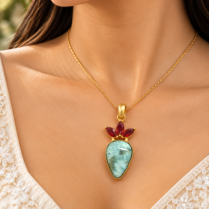 Larimar Pendant, Aqua Blue Gemstone Gold Tone Red Crystal PEN604-GLD-LQUA-NLAR04