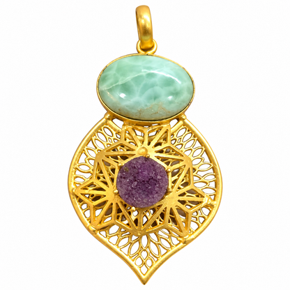 Gold Mandala Pendant with Green Purple Gemstone Statement PEN605-GLD-NLAR-NPDY02