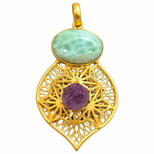 Gold Mandala Pendant with Green Purple Gemstone Statement PEN605-GLD-NLAR-NPDY02