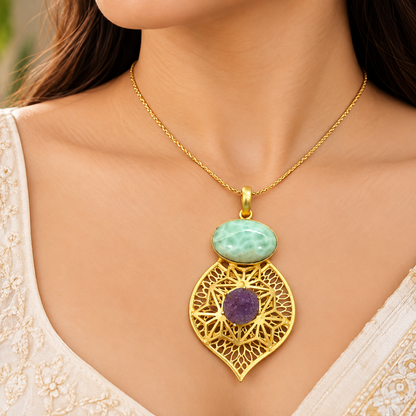 Gold Mandala Pendant with Green Purple Gemstone Statement PEN605-GLD-NLAR-NPDY02