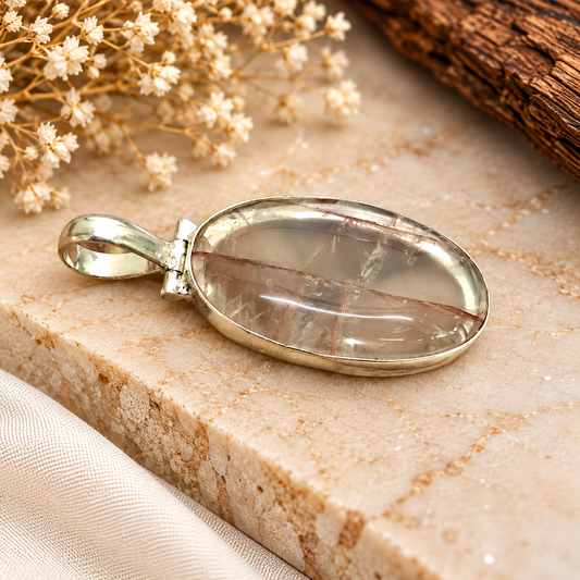 Natural Crack Crystal Pendant, Oval Stone Silver Jewelry PEN606-SLV-NCC01