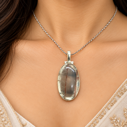 Natural Crack Crystal Pendant, Oval Stone Silver Jewelry PEN606-SLV-NCC01