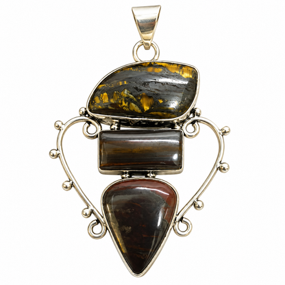 Silver Tone Triple Stone Tiger Iron Gemstone Pendant Jewelry PEN608-SLV-NITE03