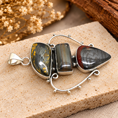 Silver Tone Triple Stone Tiger Iron Gemstone Pendant Jewelry PEN608-SLV-NITE03