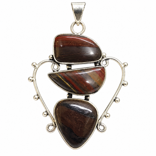 Silver Tone Triple Gemstone Pendant, Artistic Statement Jewelry PEN609-SLV-NITE03