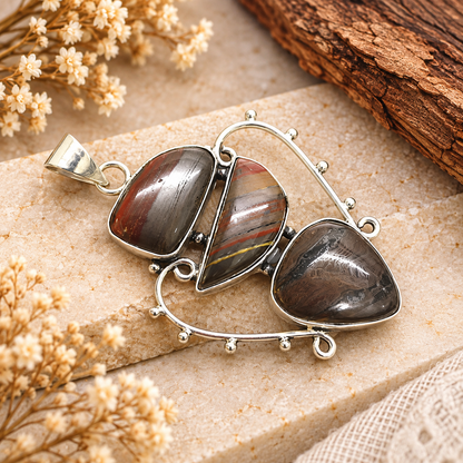 Silver Tone Triple Gemstone Pendant, Artistic Statement Jewelry PEN609-SLV-NITE03