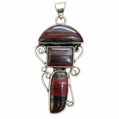 Iron Tiger Eye Gemstone Pendant in Silver Tone Statement Style PEN610-SLV-NITE03
