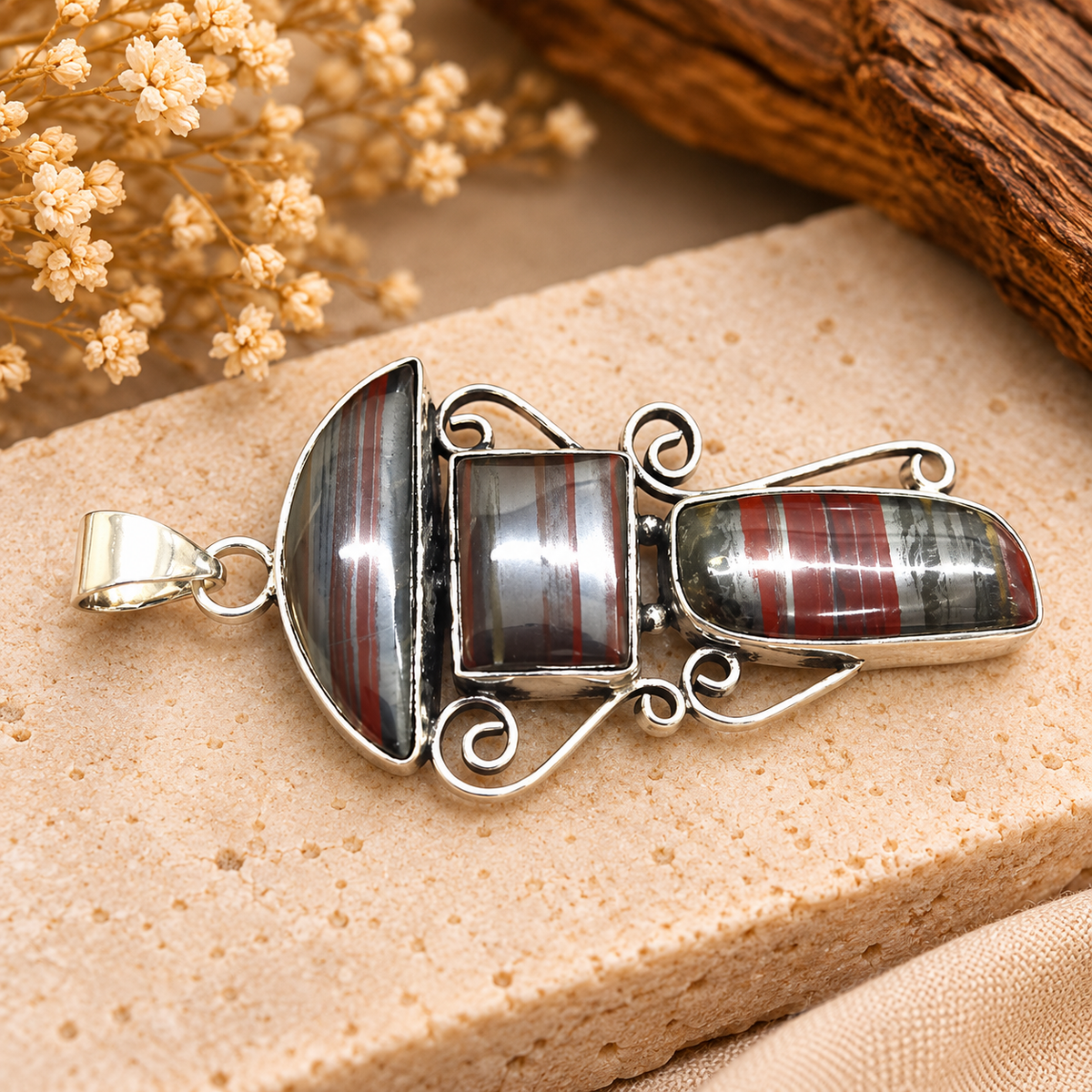 Iron Tiger Eye Gemstone Pendant in Silver Tone Statement Style PEN610-SLV-NITE03