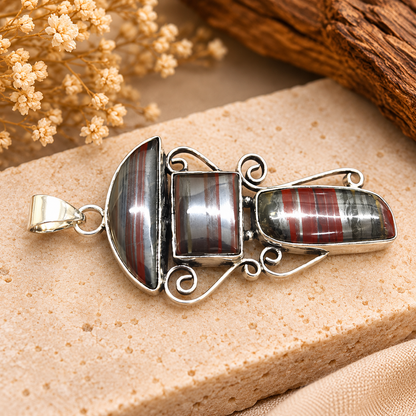 Iron Tiger Eye Gemstone Pendant in Silver Tone Statement Style PEN610-SLV-NITE03