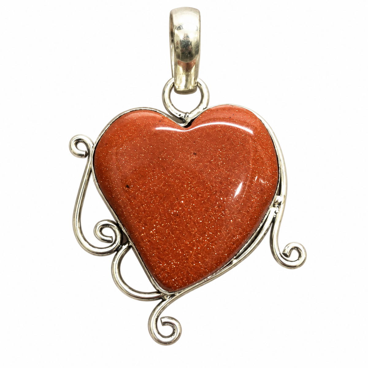 Red Sunstone Heart Shape Pendant in Silver Tone, Artistic Gemstone Jewelry PEN611-SLV-NRSS01