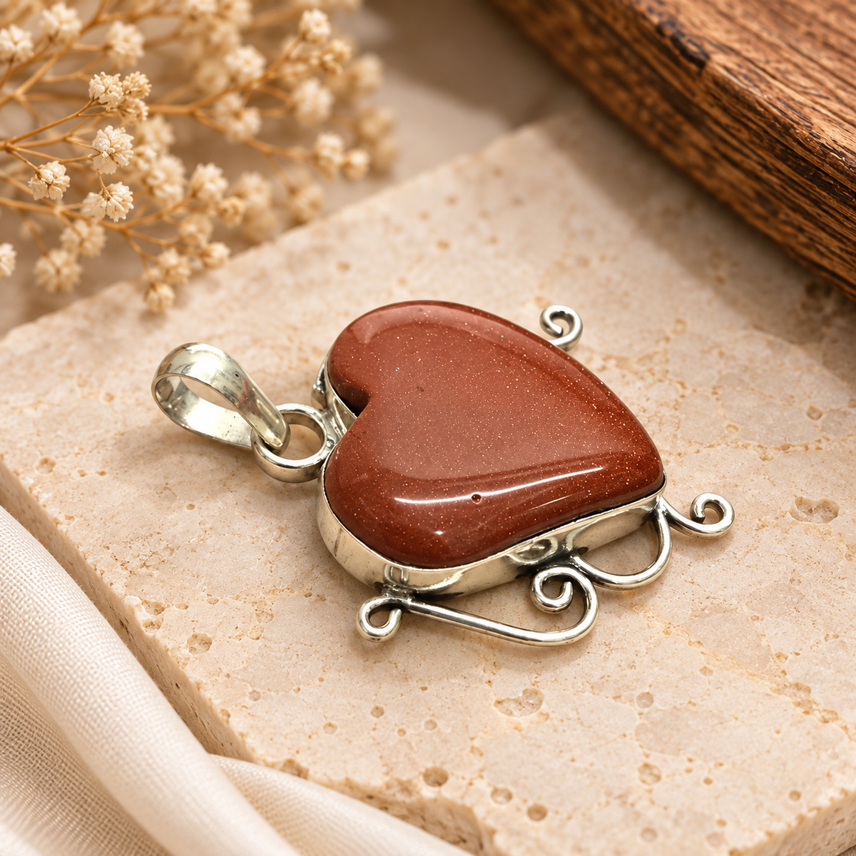 Red Sunstone Heart Shape Pendant in Silver Tone, Artistic Gemstone Jewelry PEN611-SLV-NRSS01