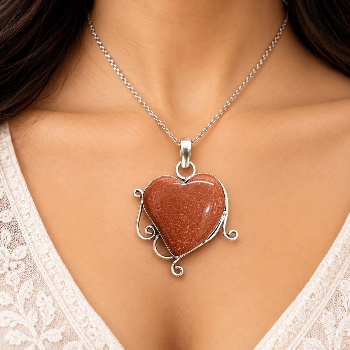 Red Sunstone Heart Shape Pendant in Silver Tone, Artistic Gemstone Jewelry PEN611-SLV-NRSS01